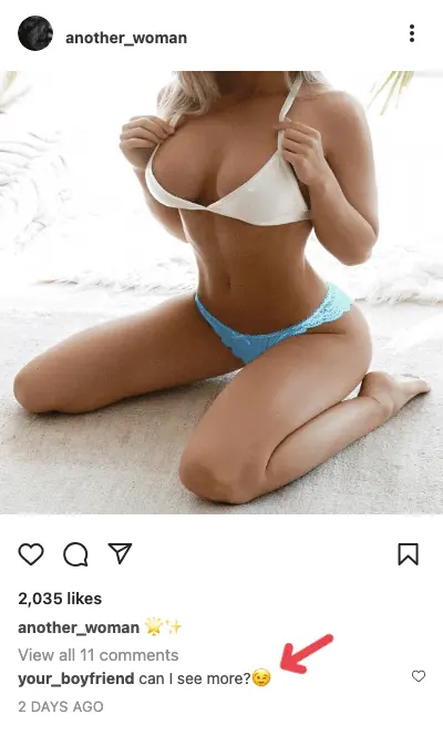 A simulated screenshot from an Instagram post showing another woman's boyfriend leaving a flirtatious comment for a scantily clad model.